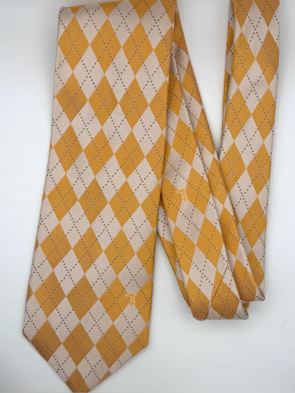 Trussardi Silk Tie Made in Italy Gold Champagne Argyle 3.5” Designer Necktie